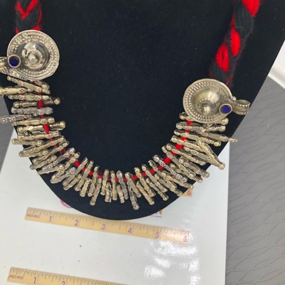 Red Handmade Metal Choker Necklace, Spikes Choker Antique Necklace, Kuchi Tribal - Picture 3 of 9